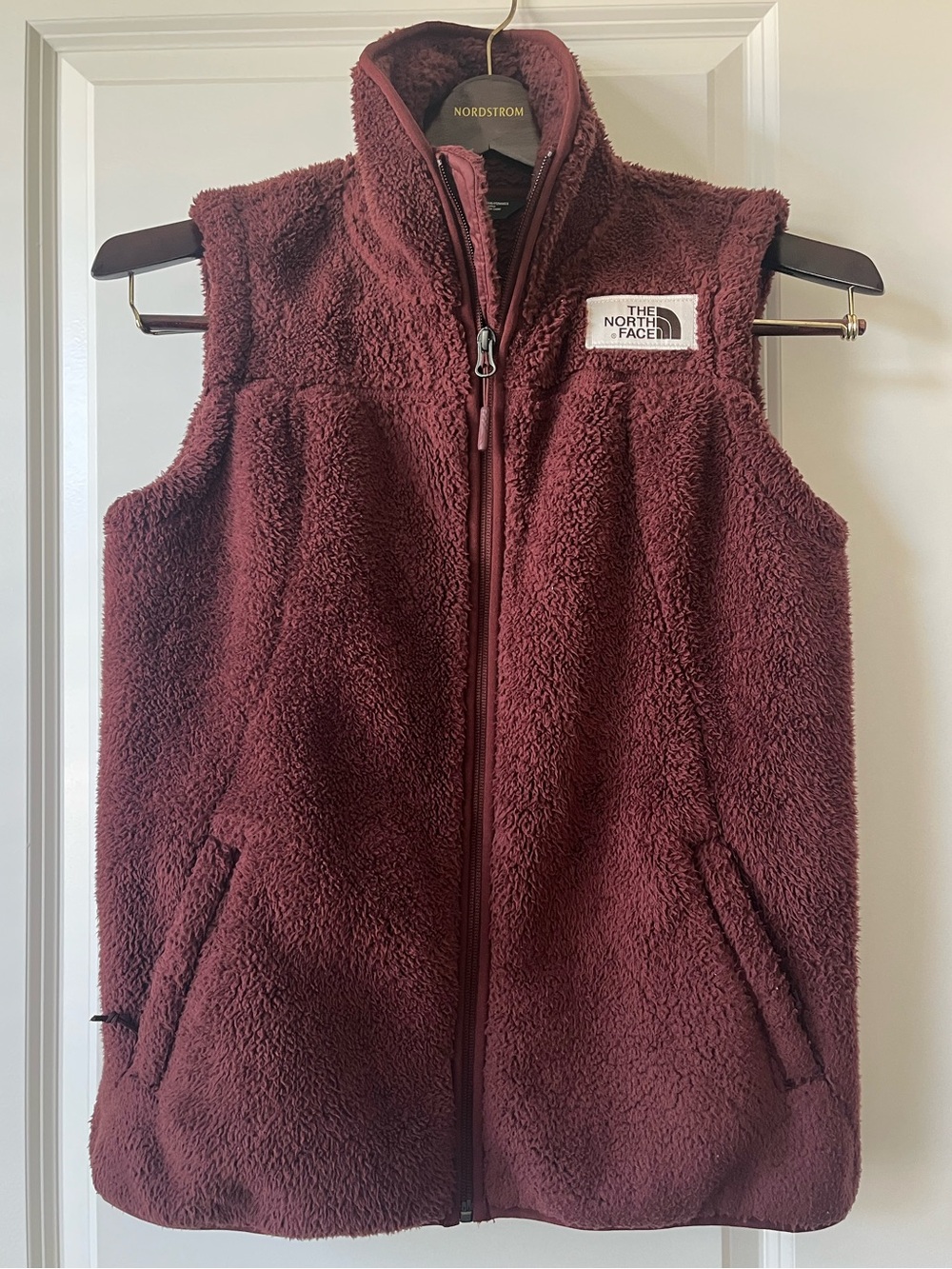 The North Face maroon Sherpa vest